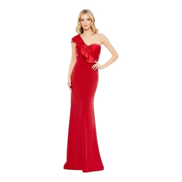 Mac Duggal One Shoulder Trumpet Formal Evening Maxi  Dress Gown Red - Picture 1 of 7